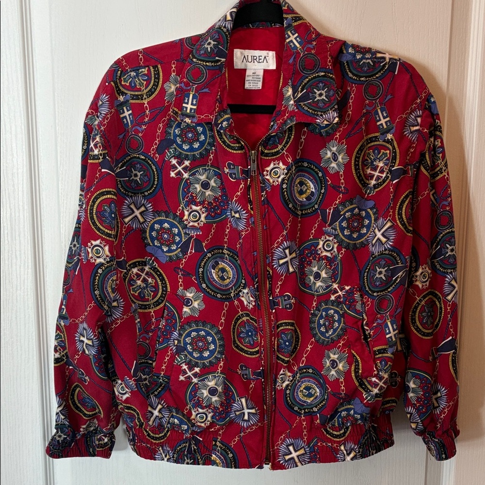 Vintage AUREA 100% Rayon Red Heraldic Crests & Chains Bomber Jacket - MD